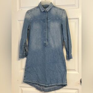 AllSaints Denim Dress Size 6 Blue Popper Button Pockets Distressed Cotton